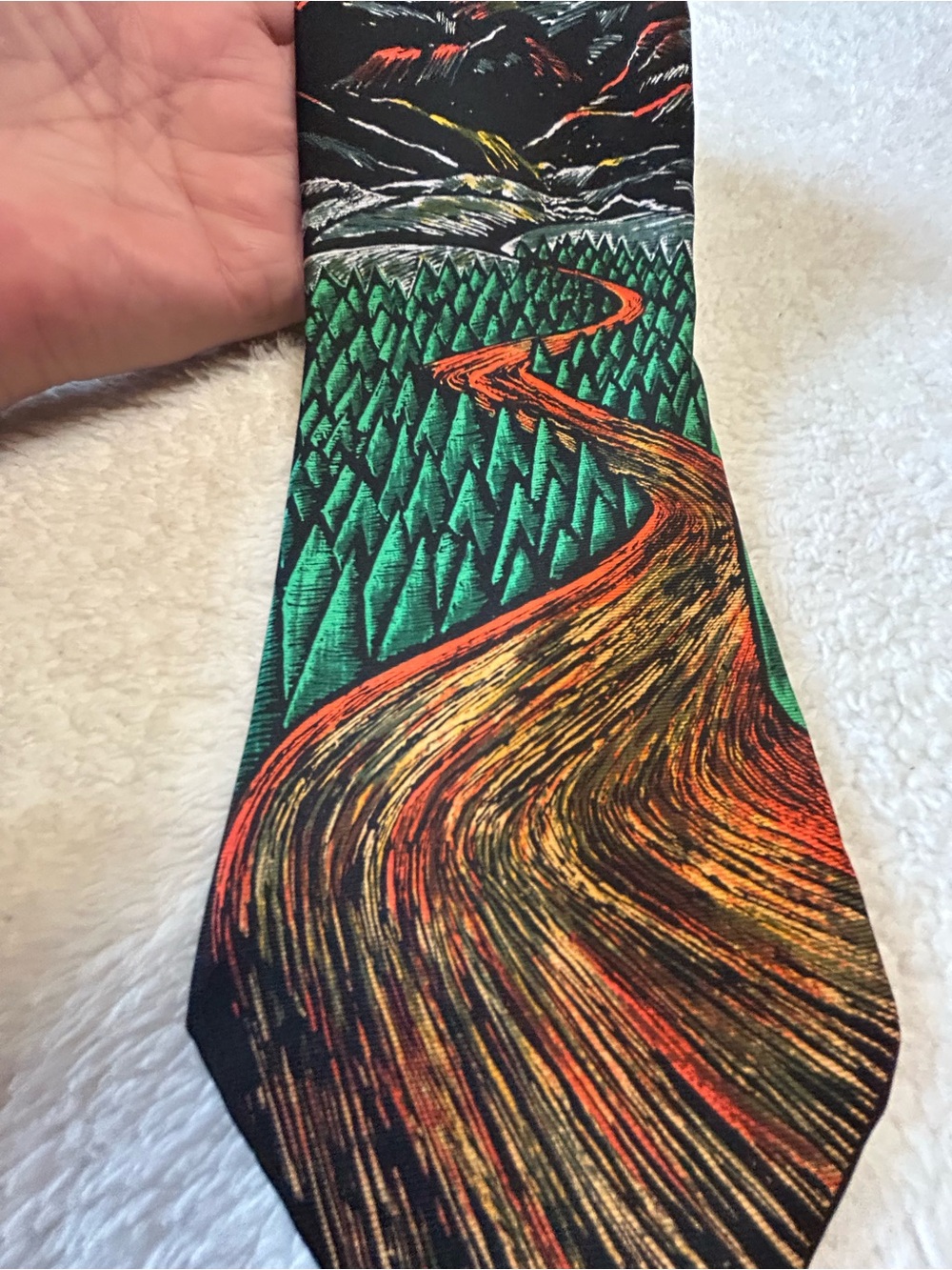 🎁3 for $30 - Necktie with Green Forest and Orange-Gold Road
